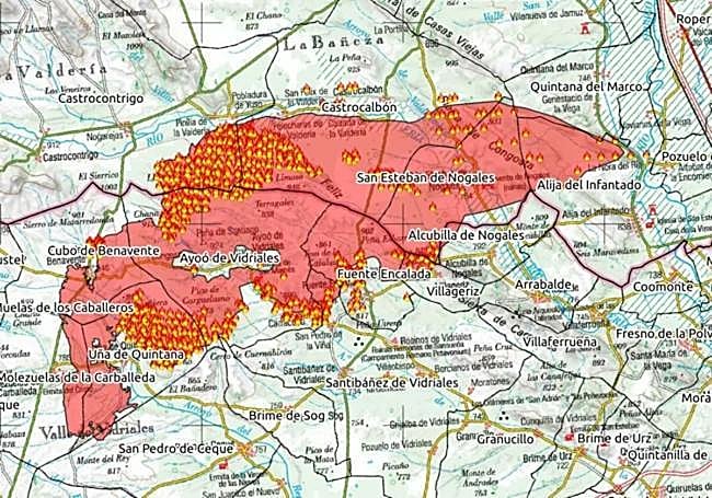 Mapa del territorio asolado por el incendio de Zamora y León.