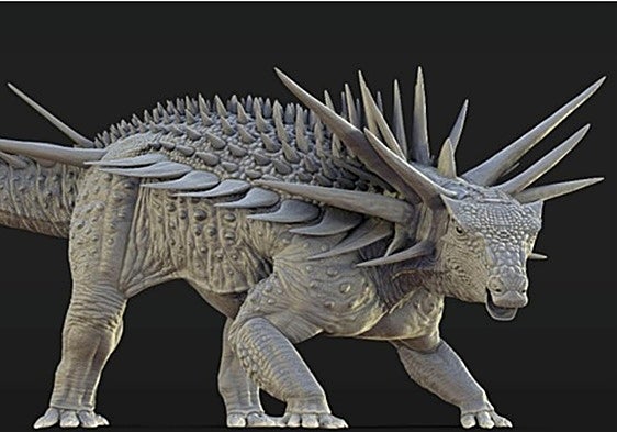 Recreación artística del spicomellus afer, cubierto de púas, algunas fusionadas con el esqueleto del animal.