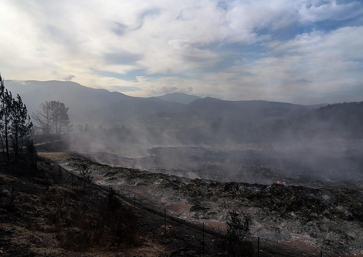 Imagen secundaria 1 - Arriba un detalle de las llamas. A la izquierda una vista panorámica del vertedero con el humo. A la izquierda un camión calcinado por el incendio que prendió el vertedero a escasos metros de él. 
