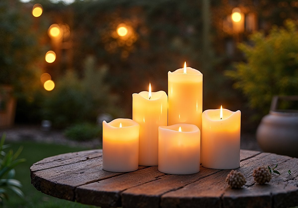 Acogedor jardín al aire libre con cinco velas de citronela encendidas sobre una mesa rústica de madera, rodeada de vegetación, creando un ambiente cálido y tranquilo para noches relajantes.