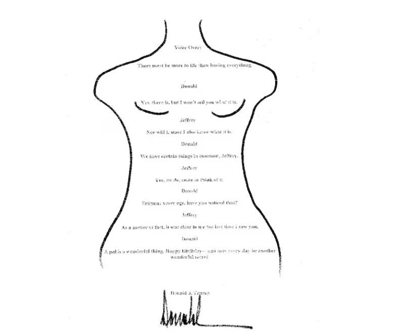 El dibujo sexy con forma de mujer con el que Trump felicitó a Epstein y negó haber mandado