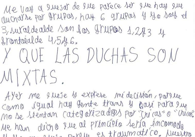 Carta de los adolescentes quejándose del campamento.