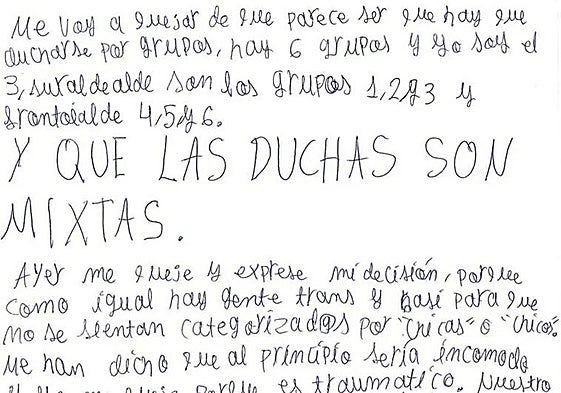 Carta de los adolescentes quejándose del campamento.