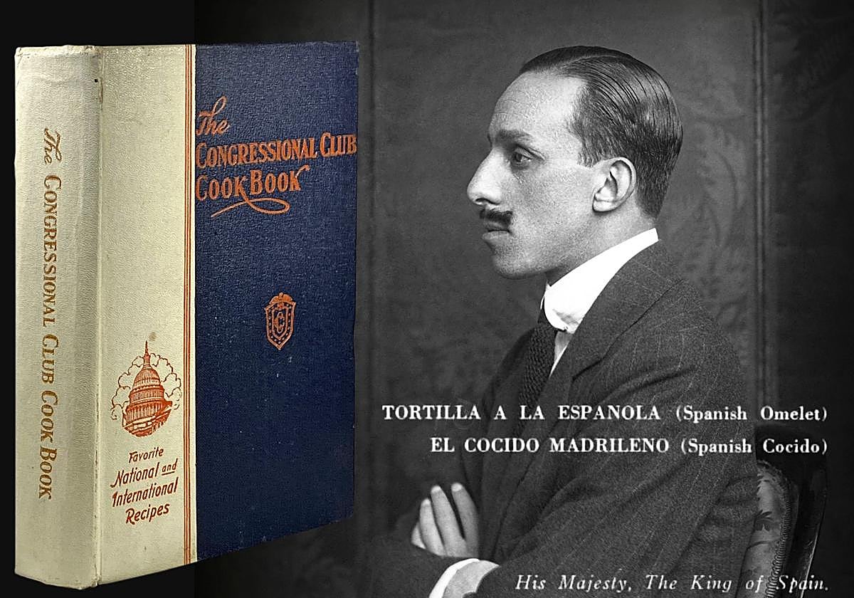 Retrato de Alfonso XIII y portada del Congressional Club Cook Book (1927).