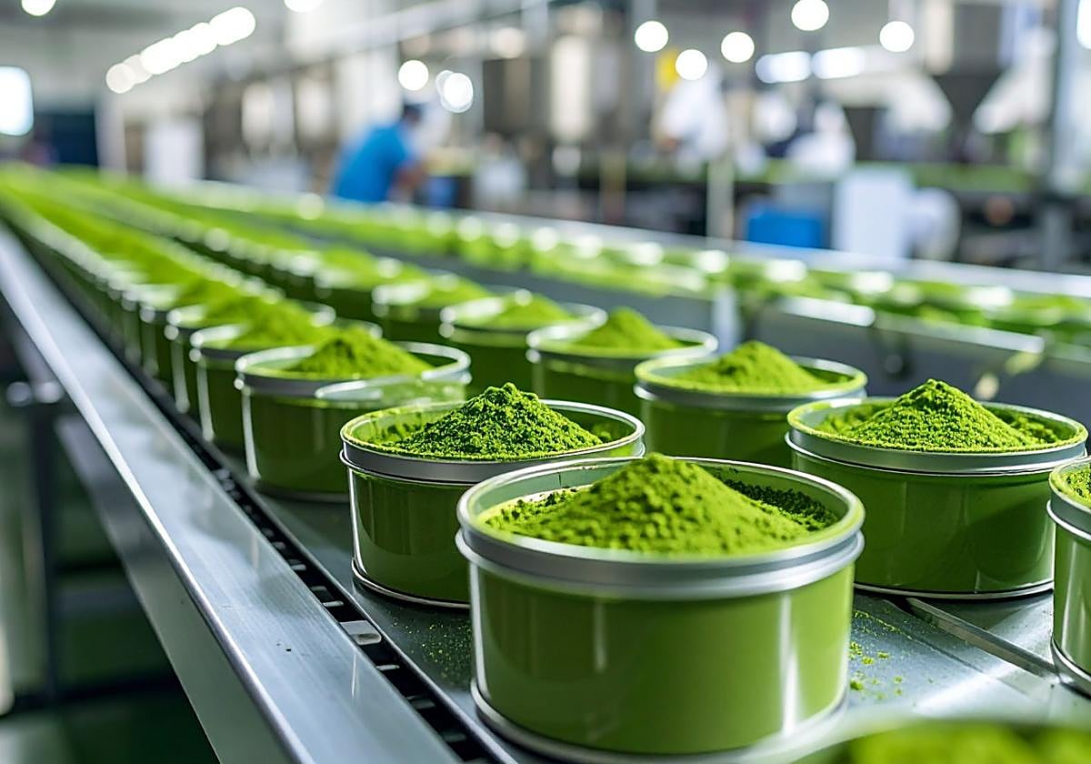 Envasado del polvo que procede de la molienda del tencha.