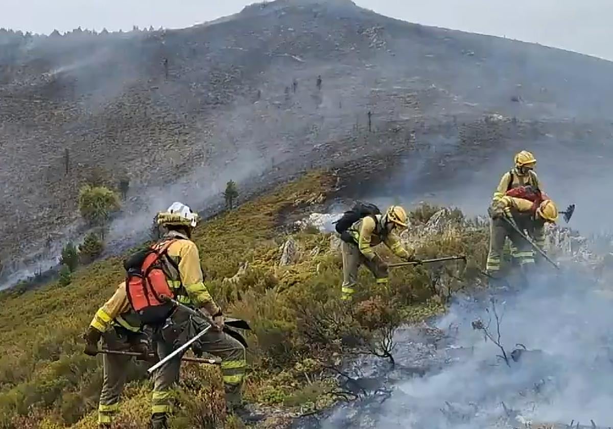 Bomberos forestales trabajan para controlar el incendio.