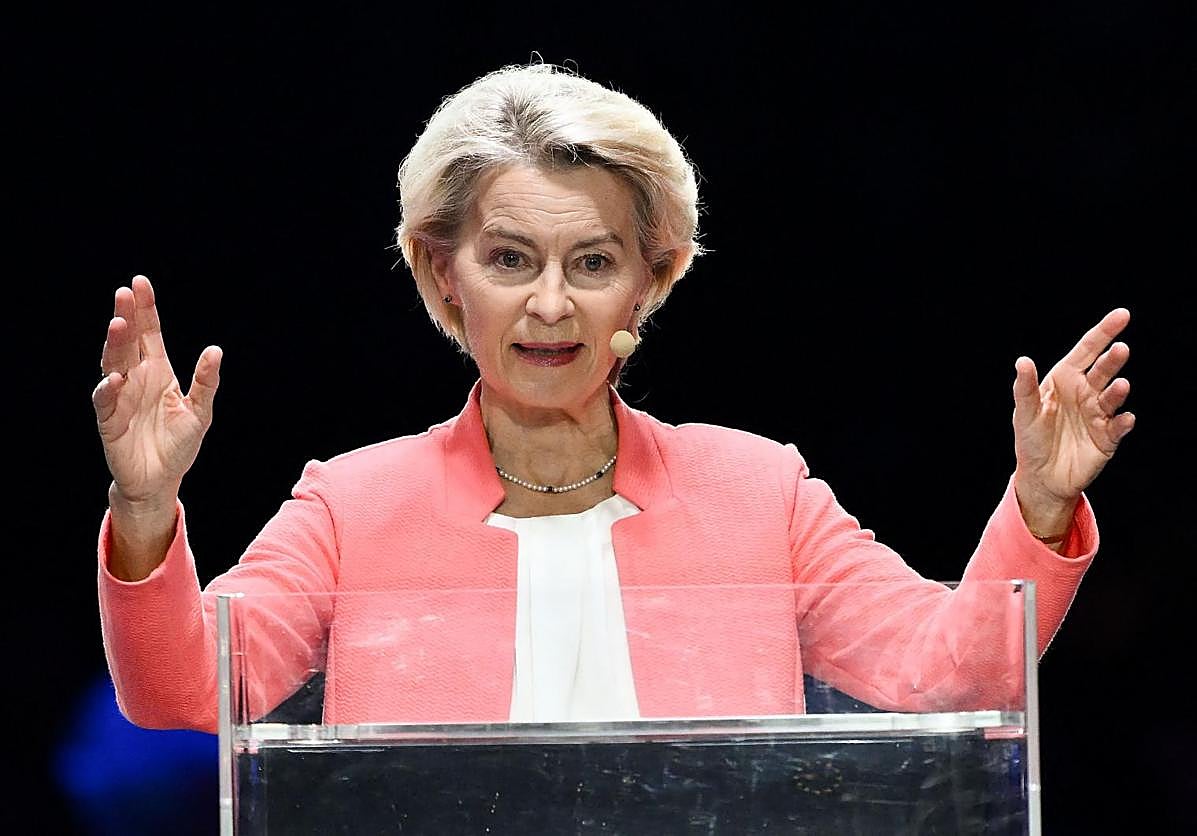 La presidenta de la Comisión Europea, Ursula von der Leyen, durante su intervención en una conferencia tecnológica en Italia.