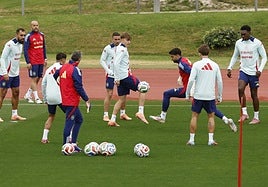 Los jugadores de la selección española, durante el entrenamiento del lunes en Las Rozas.