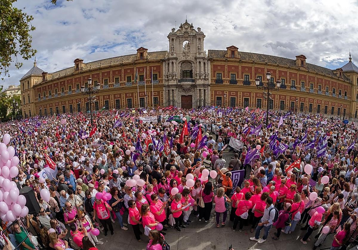 Miles de personas, en su mayoría mujeres, han participado este mediodía en una concentración frente al Palacio de San Telmo.