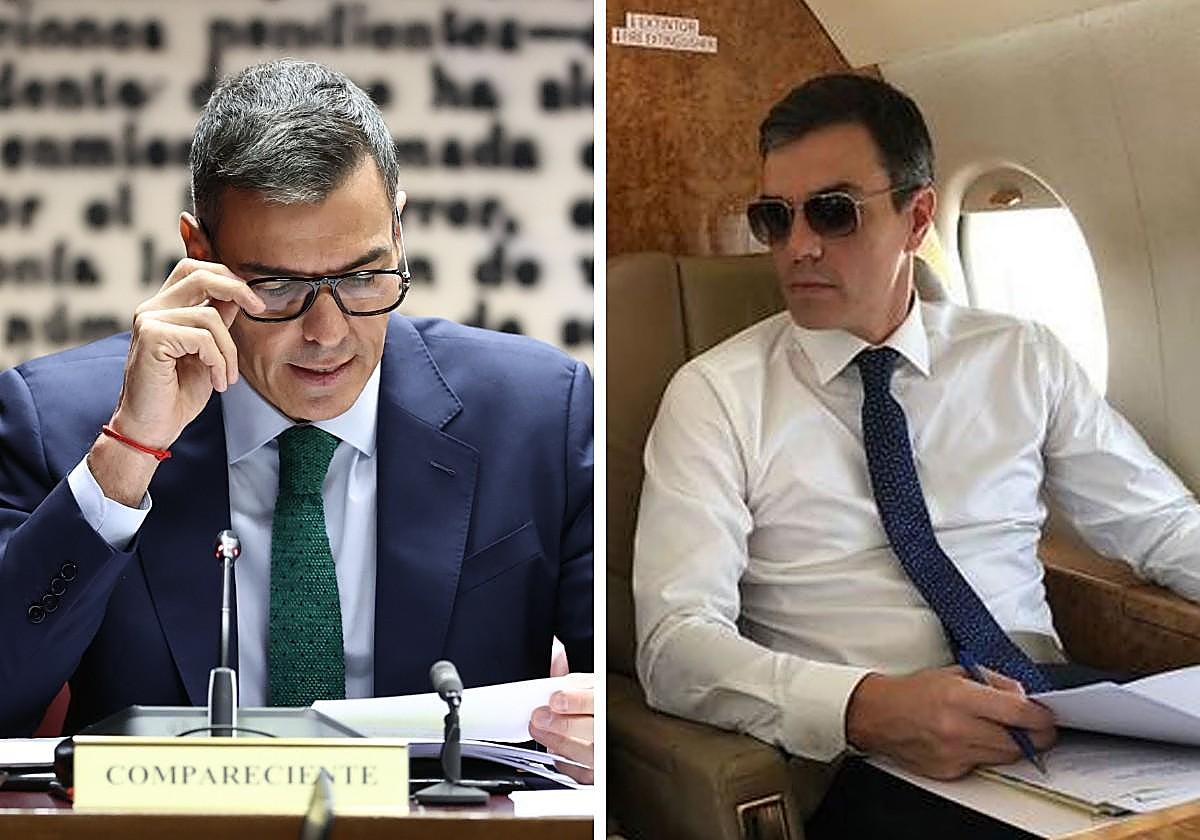 Pedro Sánchez, during this morning's appearance and on the Falcon with sunglasses