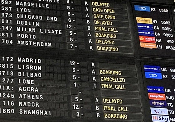 Panel informativo con la cancelación y retrasos en numerosos vuelos.