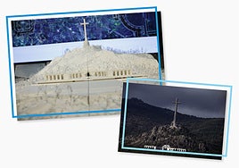 Maqueta del proyecto 'La base y la cruz' y actual aspecto del mausoleo franquista.