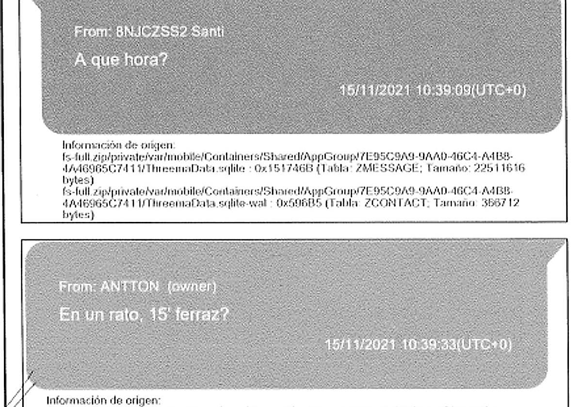 Una de las conversaciones entre Cerdán y Antxon a través de la aplicación Threema incluida en el informe de la UCO.
