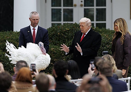 Donald Trump, al indultar este martes en la Casa Blanca a uno de los pavos por Acción de Gracias.