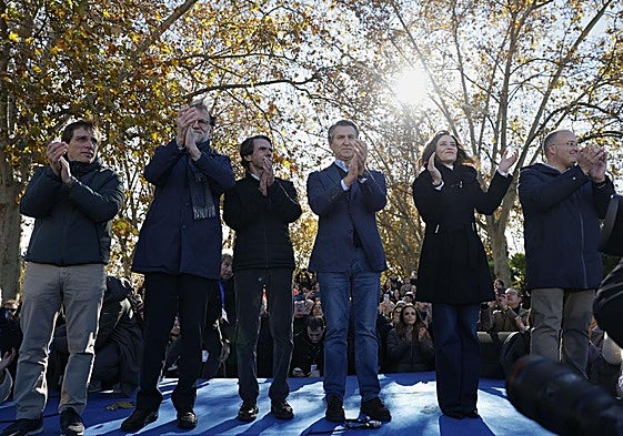 Feijóo, con Almeida, Rajoy, Aznar, Ayuso y Tellado, en la manifestación.
