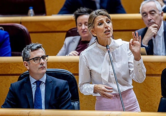 La vicepresidenta segunda y ministra de Trabajo, Yolanda Díaz, interviene en un pleno del Senado