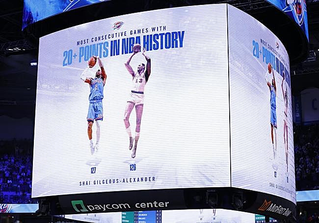 Momento en el que el marcador del Paycom Center da cuenta del histórico registro establecido por Shai Gilgeous-Alexander.