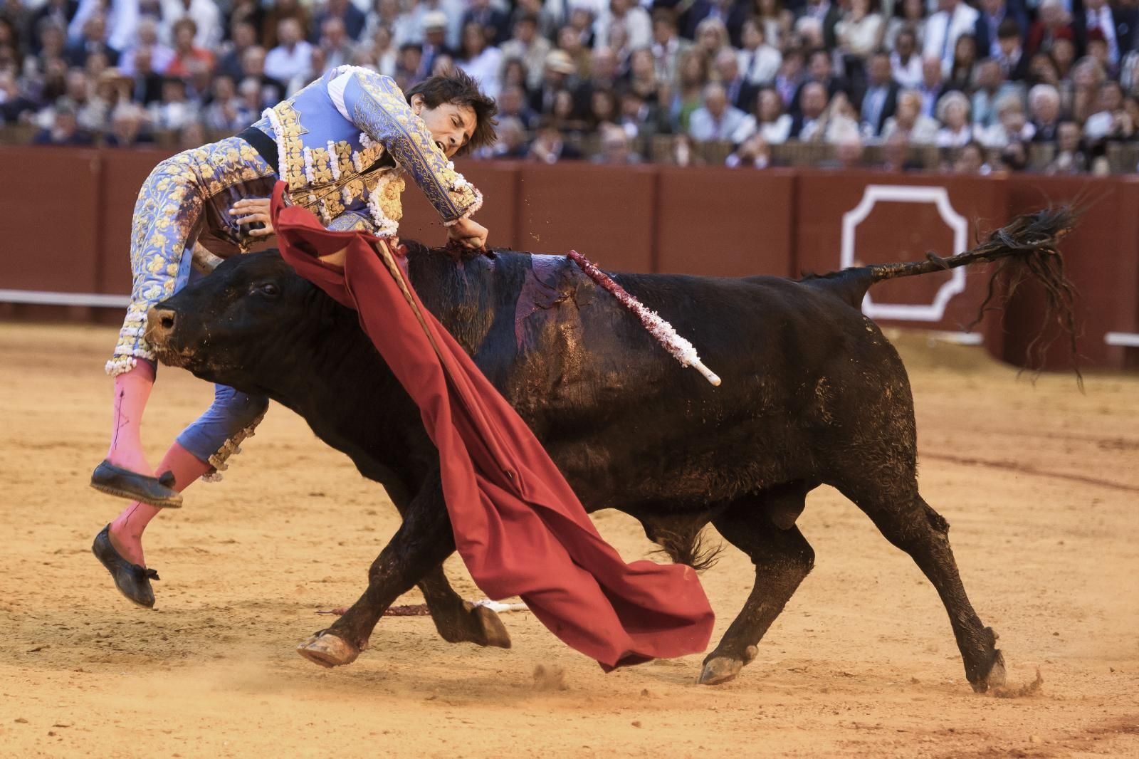 El diestro Roca Rey con su primer toro en la decomotercera corrida de abono este jueves en la Plaza de Toros de La Maestranza de Sevilla.
