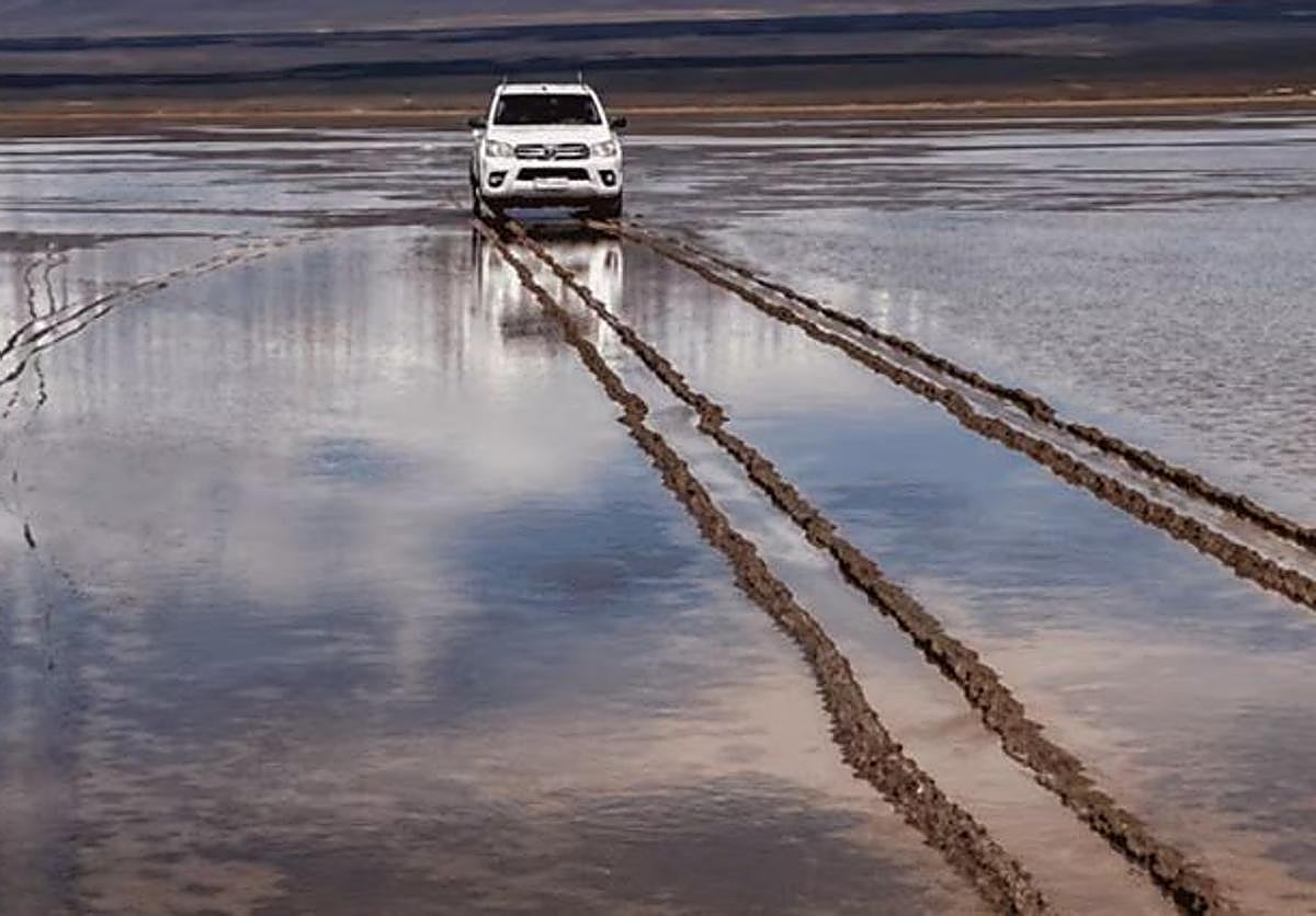 Rastro que ha dejado la pick up en la meseta argentina.