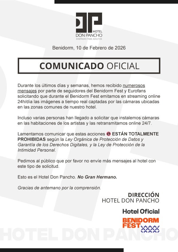 El sorprendente comunicado del hotel en el que se alojan los artistas del Benidorm Fest: «No envíen más mensajes con esta solicitud»