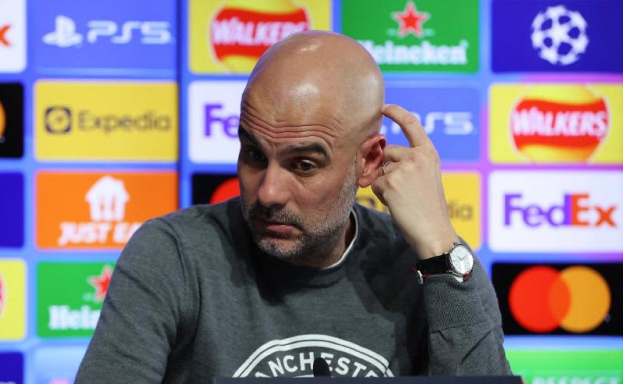 Pep Guardiola, durante la conferencia de prensa previa al Real Madrid-Manchester City. 