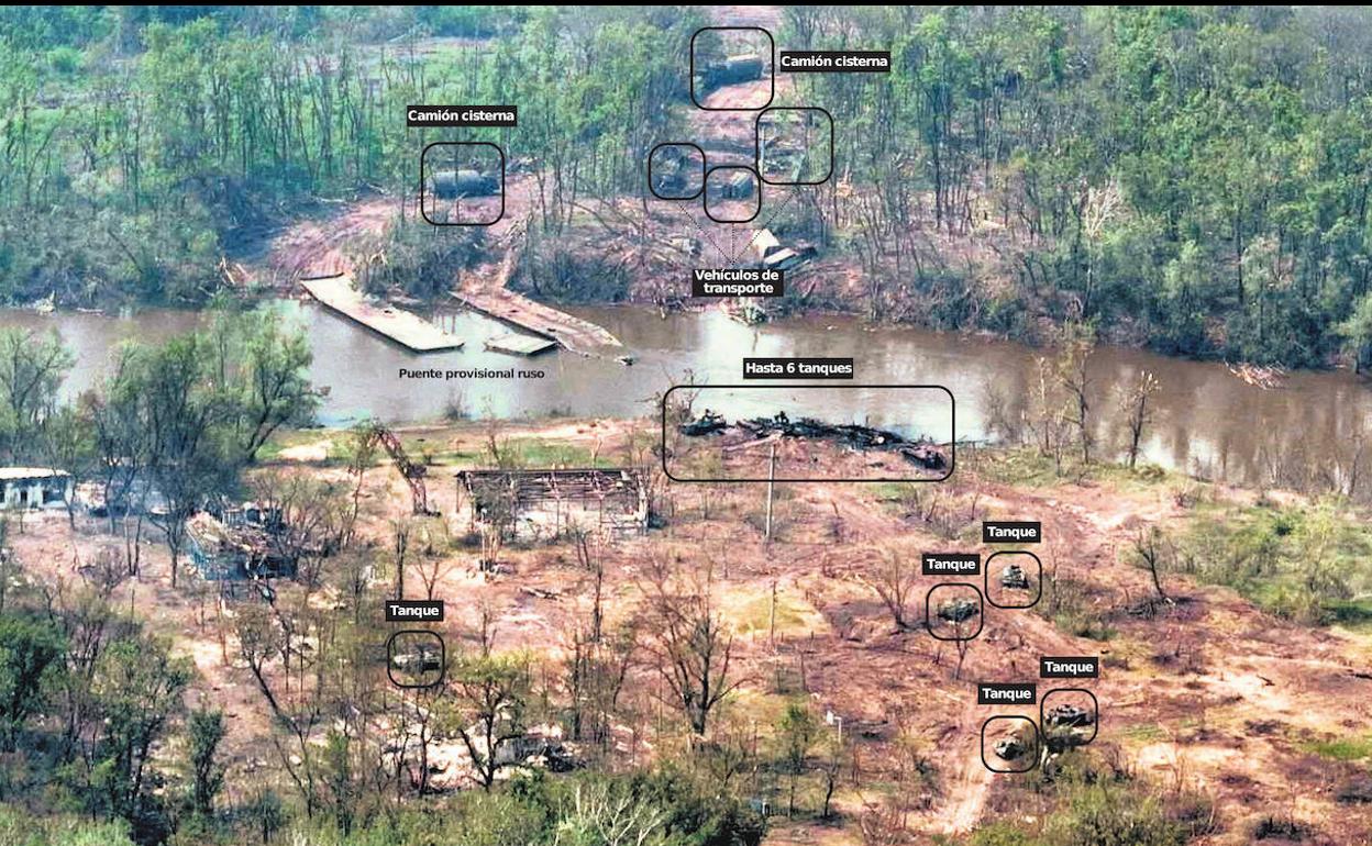 Imagen que muestra parte de los enormes pérdidas materiales sufridas por las fuerzas rusas durante la batalla en el río Seversky-Donats, en la región de Luhansk.