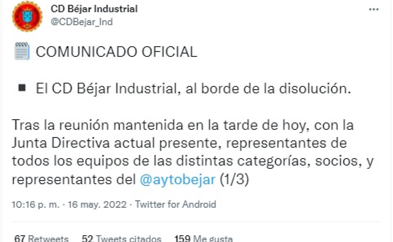 Tuit del Béjar anunciado su posible desaparición. 