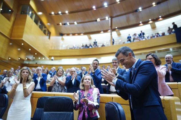 El presidente del Gobierno ha llegado al Senado acompañado de la vicepresidenta primera y ministra de Asuntos Económicos, Nadia Calviño, la vicepresidenta segunda y ministra de Trabajo, Yolanda Díaz, y el portavoz del PSOE en el Congreso de los Diputados, Patxi López.