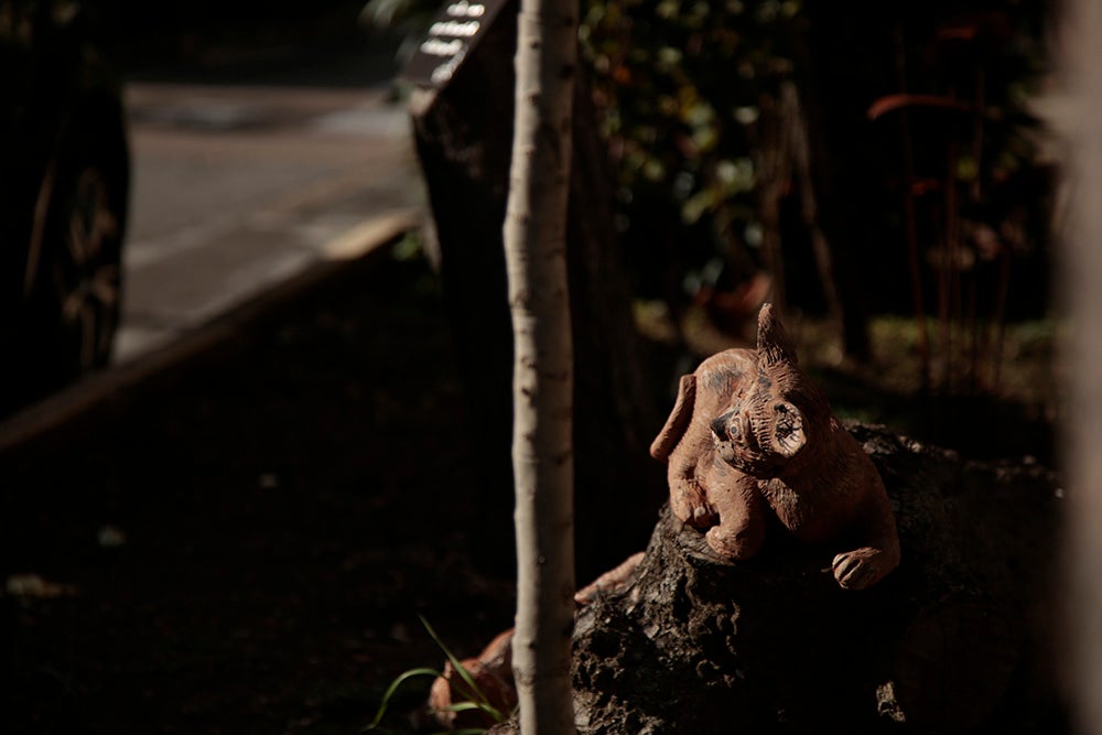 Un adorno colocado por un vecino en un jardín.