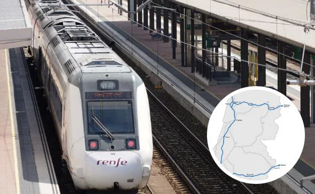 Un tren en la estación de Salamanca y mapa de la línea desde Aveiro. 