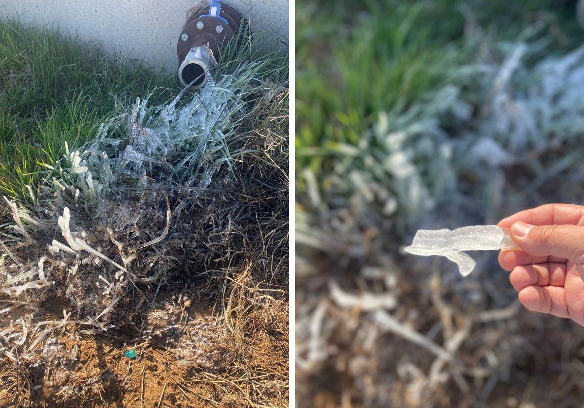 Imagen del hielo junto al desagüe de una especie de depósito en San Morales