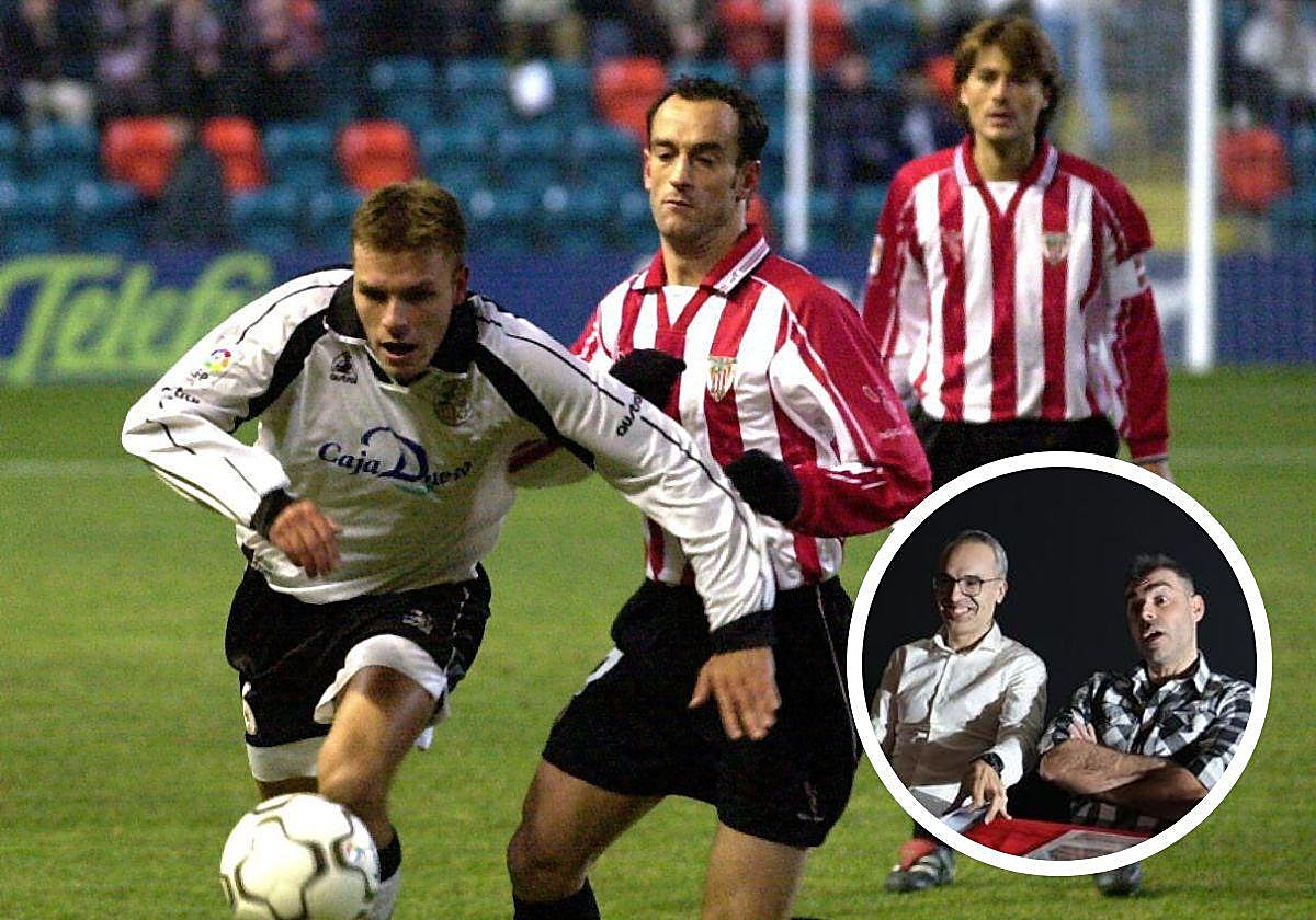 La UDS disputando un partido contra el Athletic Club en el Helmántico; círculo, Alberto Pérez y Carlos Coco.