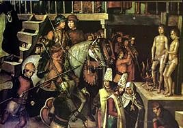 Detalle de la tabla Santo Domingo presidiendo el Tribunal de la Inquisición, de Alonso Berruguete, localizado en el Museo del Padro.