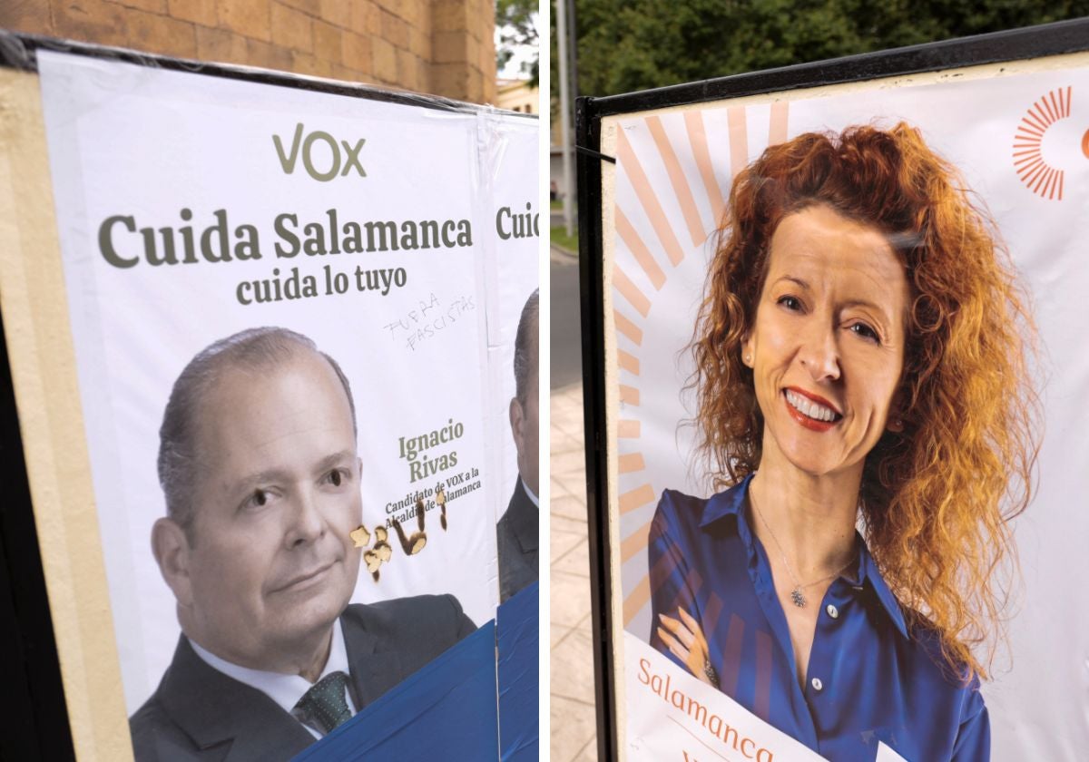 Cartel con inscripciones del candidato a alcalde de Salamanca y la candidata de Cs.