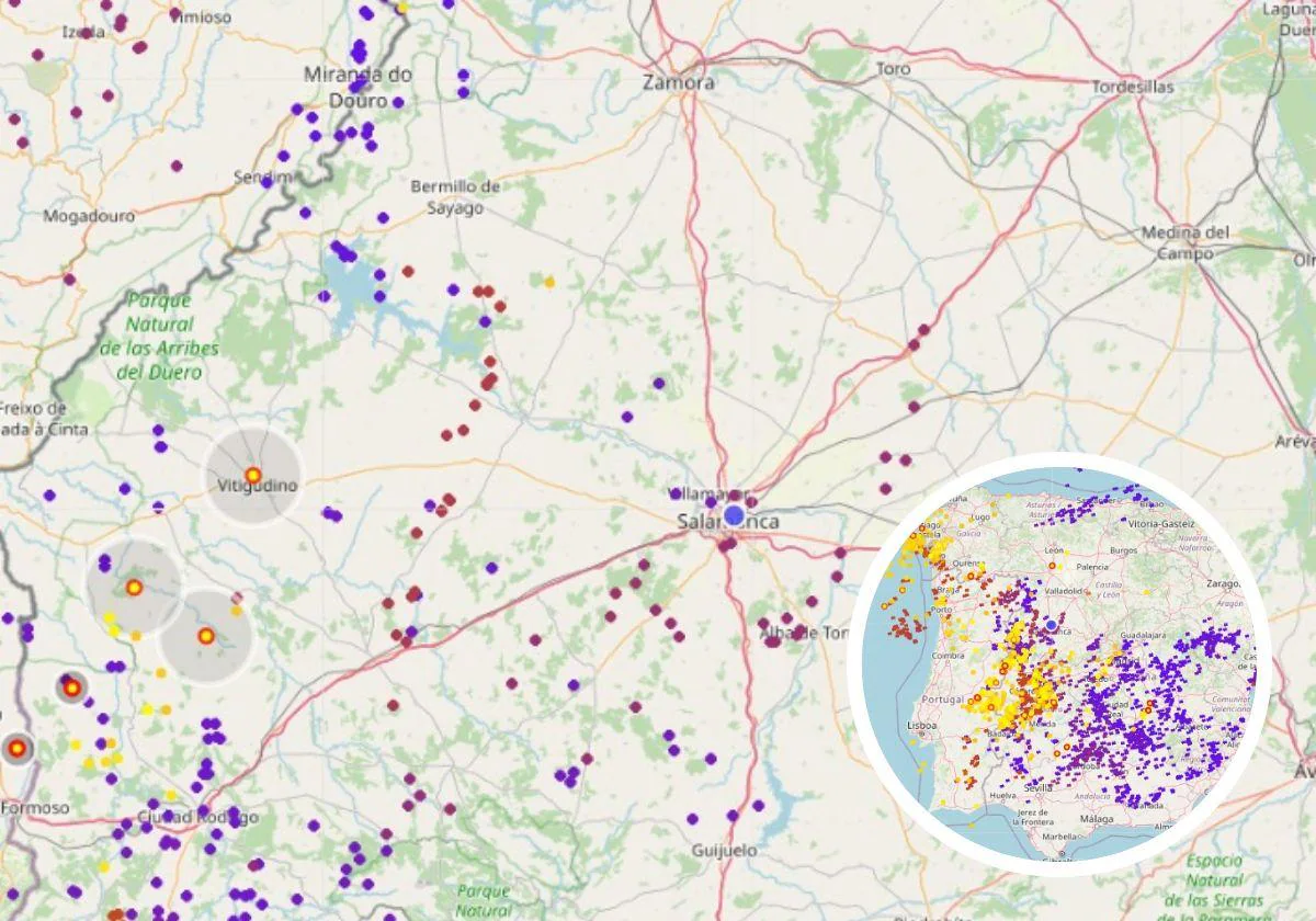 Mapa de Salamanca con los rayos caídos en las últimas 24 horas y, en pequeño, en España.
