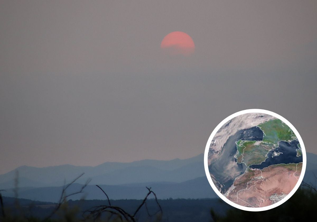 Sol enturbiado por la nube de humo e imagen satélite de su paso sobre España.
