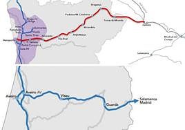Los dos trazados, por Zamora y por Salamanca, de una conexión desde Oporto a Madrid.