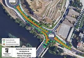 Mapa de la zona donde se producirán los cortes de circulación así como el estrechamiento de la vía.
