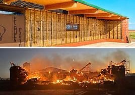 Imagen de la bioconstrucción antes del incendio y mientras la devoraban las llamas.