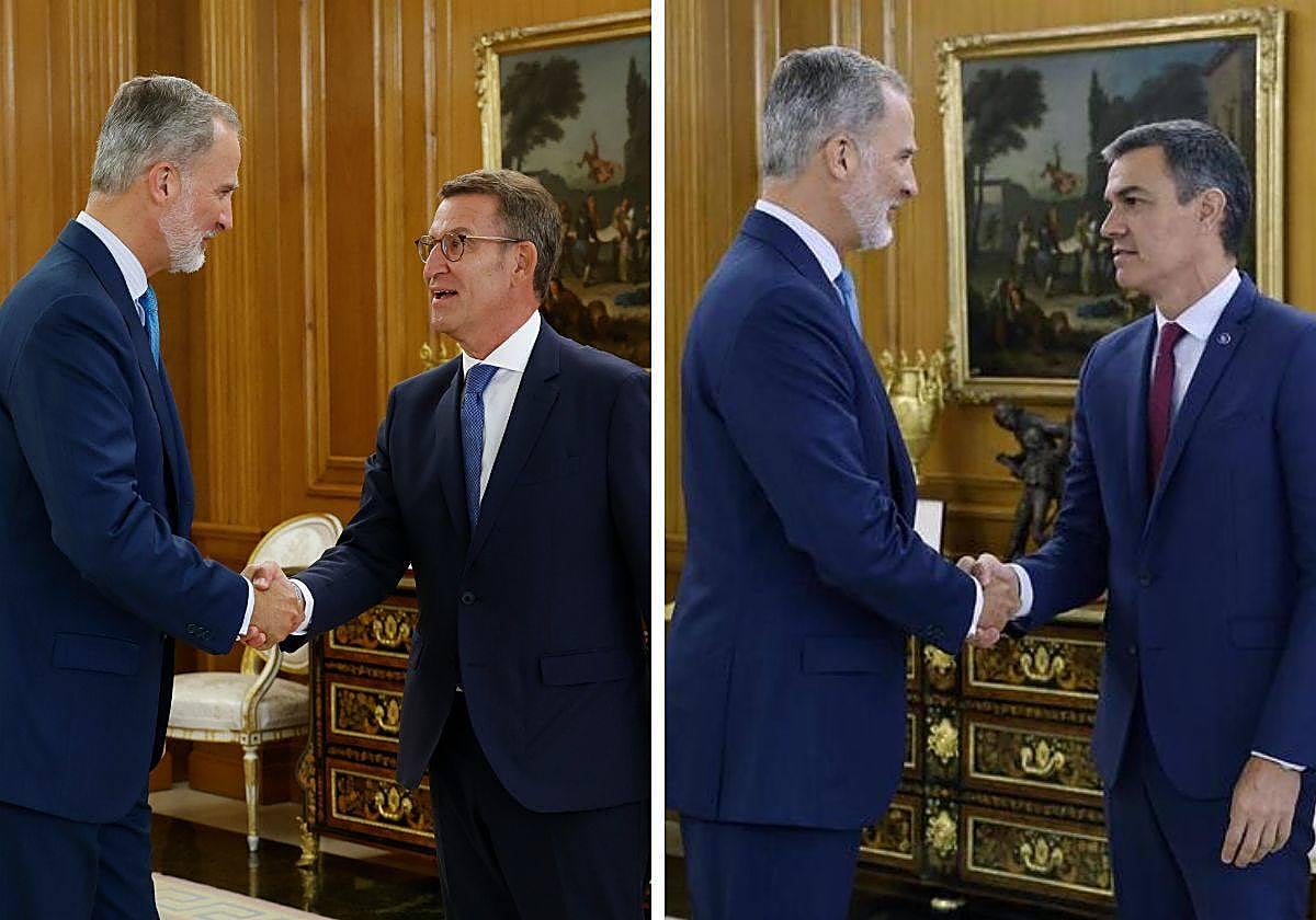 Núñez Feijóo y Sánchez, en sus respectivos encuentros con el Rey.