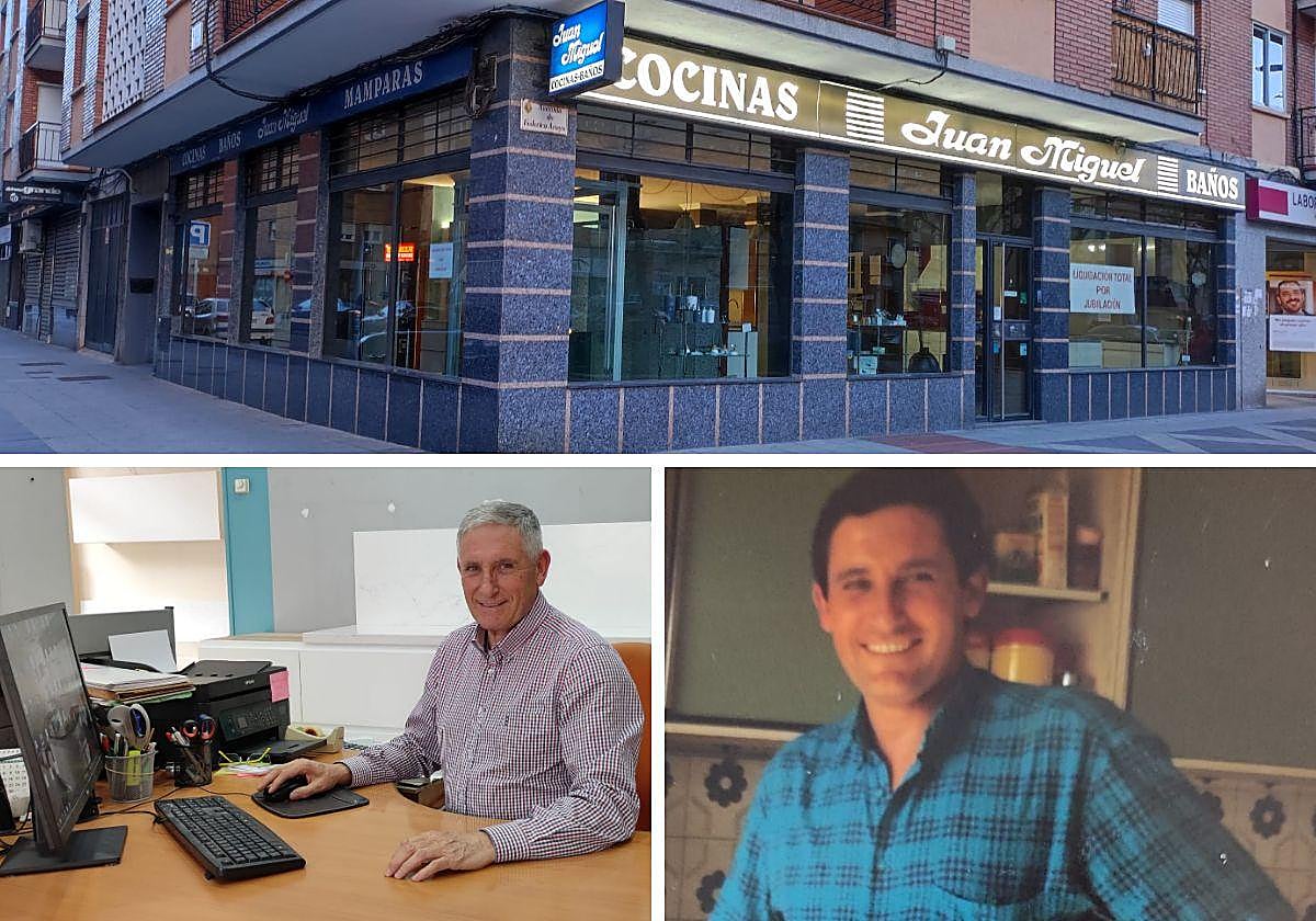 Arriba la tienda en Federico de Anaya con el cartel de la jubilación y abajo, imágenes reciente y de hace ya unos años de Juan Miguel Hernández.