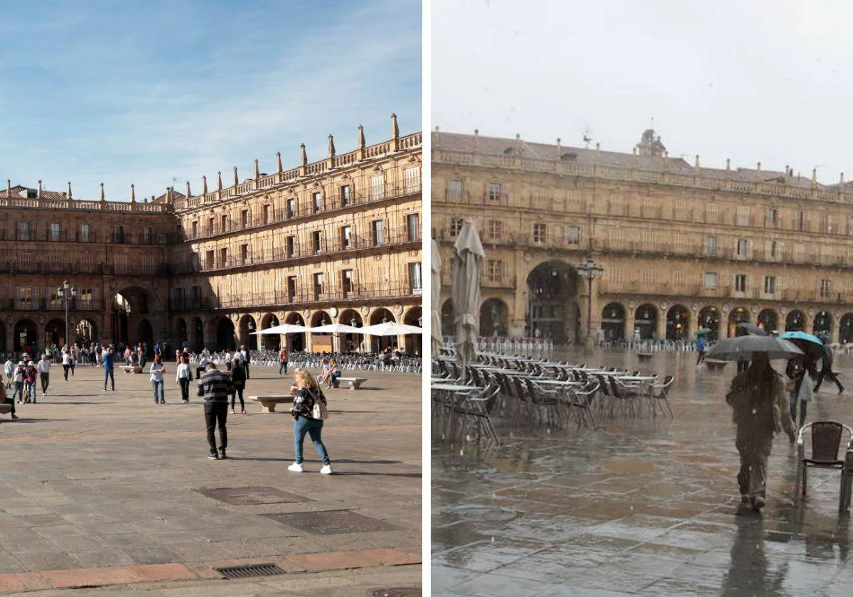La Plaza Mayor a principios de octubre bajo el sol, y a la izquierda en un temporal.