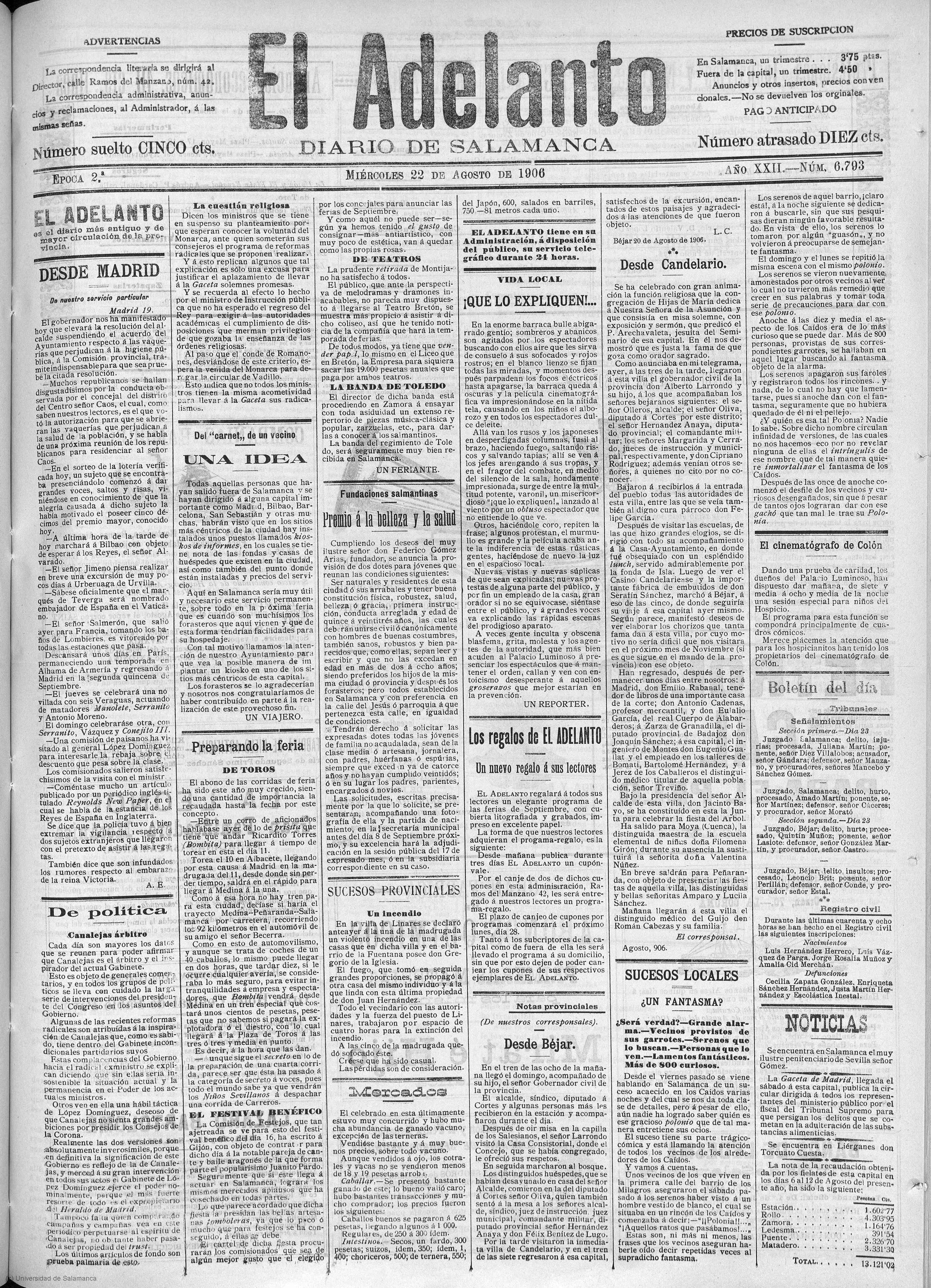 Recorte de prensa, 22 de agosto de 1906