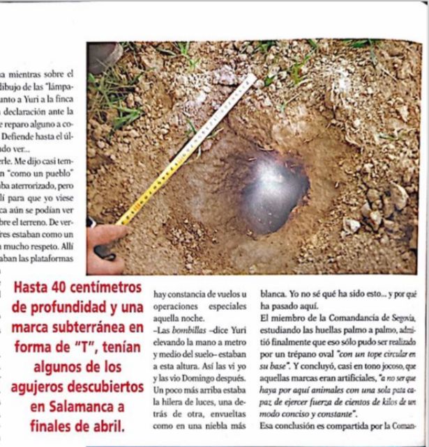 Imagen secundaria 1 - Recorte del reportaje «Los OVNI dejaron 80 huellas» de Iker Jiménez para la revista «Más Allá».