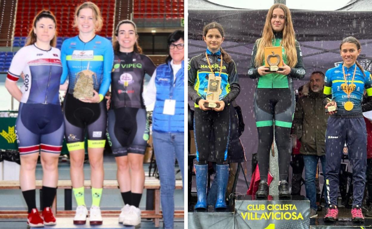 Las dos corredores del a Escuela de Ciclismo Salmantina, en el podio. 