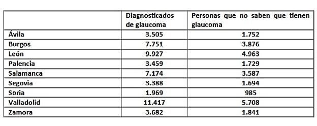Datos del glaucoma en Castilla y León por porvincias.
