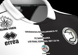 Camiseta que lucirá Unionistas con el escudo en el centro de la UDS ante el FC Barcelona en la Copa del Rey.