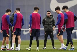 Xavi, durante el entrenamiento de esta mañana del FC Barcelona.
