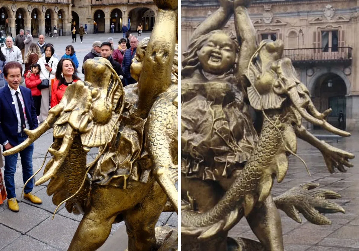 Accidente en una foto: el dragón de la Plaza Mayor de Salamanca pierde el bigote