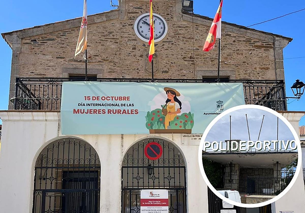 Ayuntamiento de Saucelle y, en pequeño, el polideportivo.